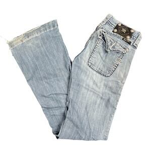 VTG Y2K Miss Me Low Rise Wide Leg Jeans Sz 26 Bedazzled Thrashed Bleach Splatter